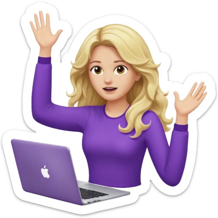 lady with long blonde wavy hair, purple top throwing her with a laptop hands in the air saying why sticker