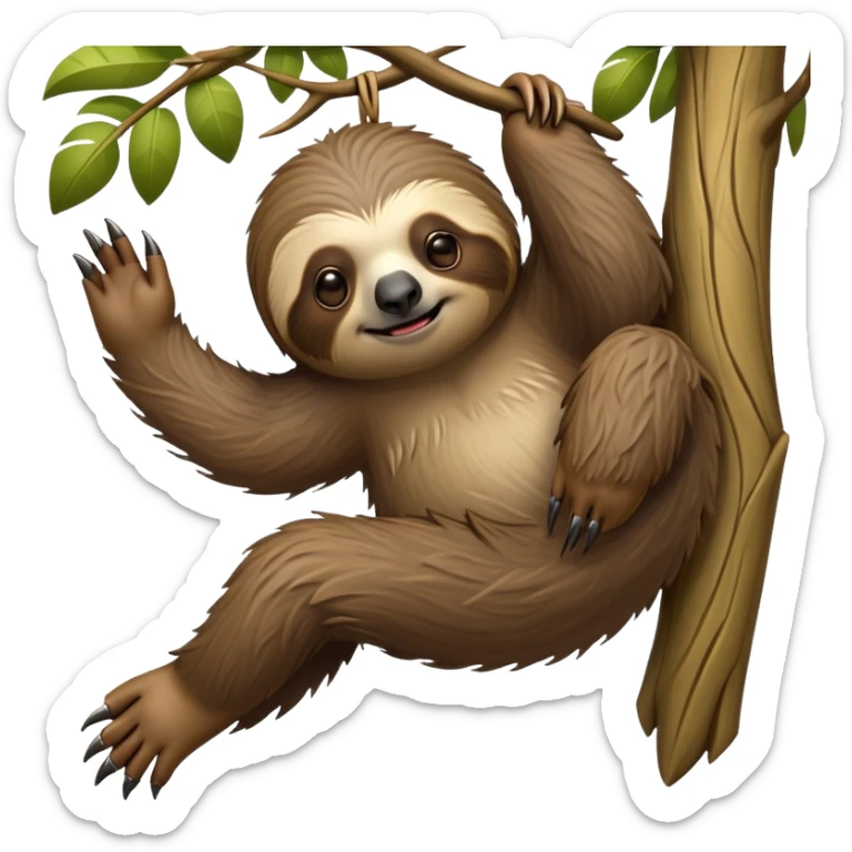 cinematic-sloth-realistic-full-body-hanging-emoji,-long-curved-claws-clinging-to-a-tree,-thick-shaggy-brown-fur-slightly-ruffled,-head-tilted-dramatically,-slow-blinking-eyes-filled-with-serene-wisdom,-simplified-yet-realistic-focused-features,-highly-detailed,-glowing-with-an-almost-sarcastic-glow sticker