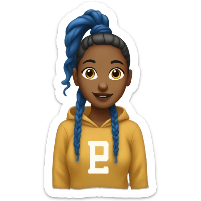 College sweatshirt in gold and blue on a brown girl with a ponytail sticker
