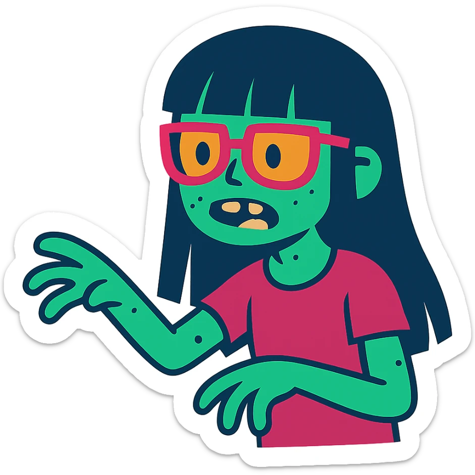 zombie girl with long black hair, bangs, and glasses, colorful cartoon style sticker