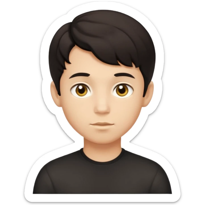 This avatar of boy has tightly curled dark hair styled upward, a rounded face with golden-brown eyes, and a neutral expression sticker