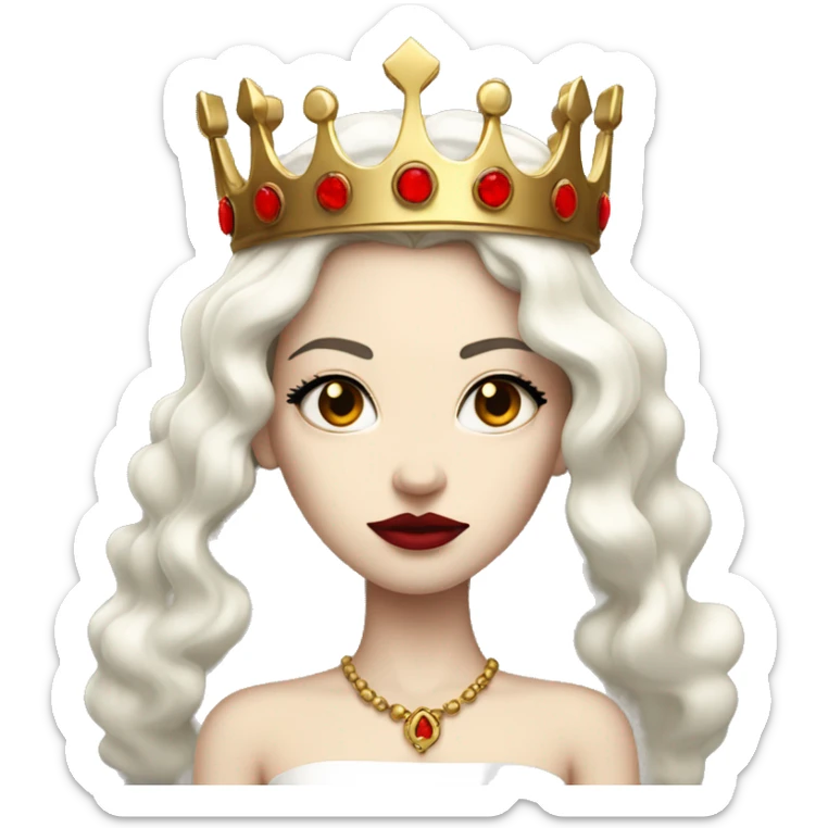 Queen with pale skin, long black hair, bright red lips, skinny gold crown, white dress, and evil stare.  sticker