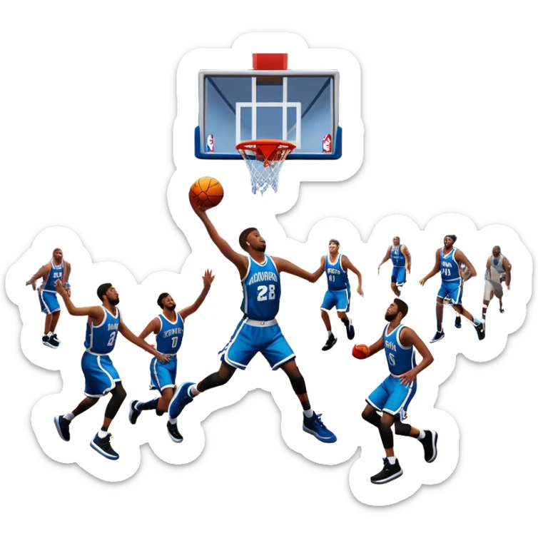 An icon showing a basketball court with players in action, inspired by NBA 2K25. A player jumps for a dunk, the ball mid-air, with the court’s floor and surrounding basketball arena visible. Bright lights highlight the excitement of the game. Transparent background. sticker