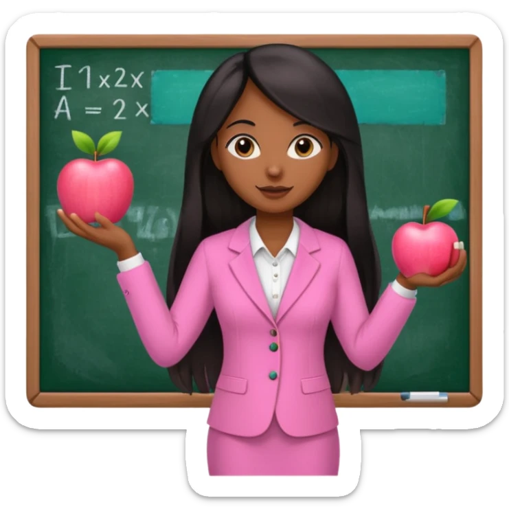 a brown skin teacher with hair with black straight long hair wearing pink not hot pink 2 piece set teaching up on a board the board nothing on the board but a pink apple sticker