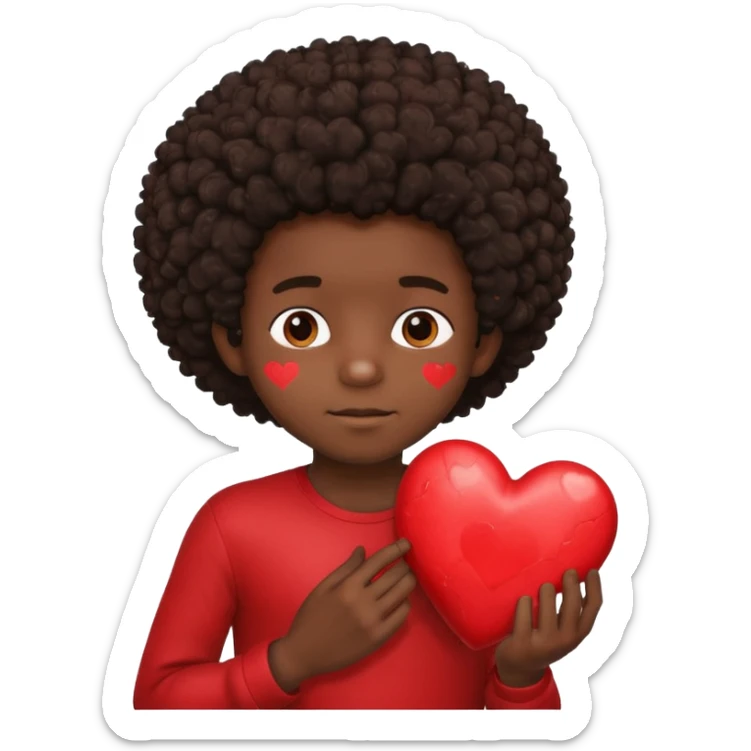 I want a black boy with chocolate skin and a small messy afro holding a heart close to his chest as if to present it to someone he loves. sticker