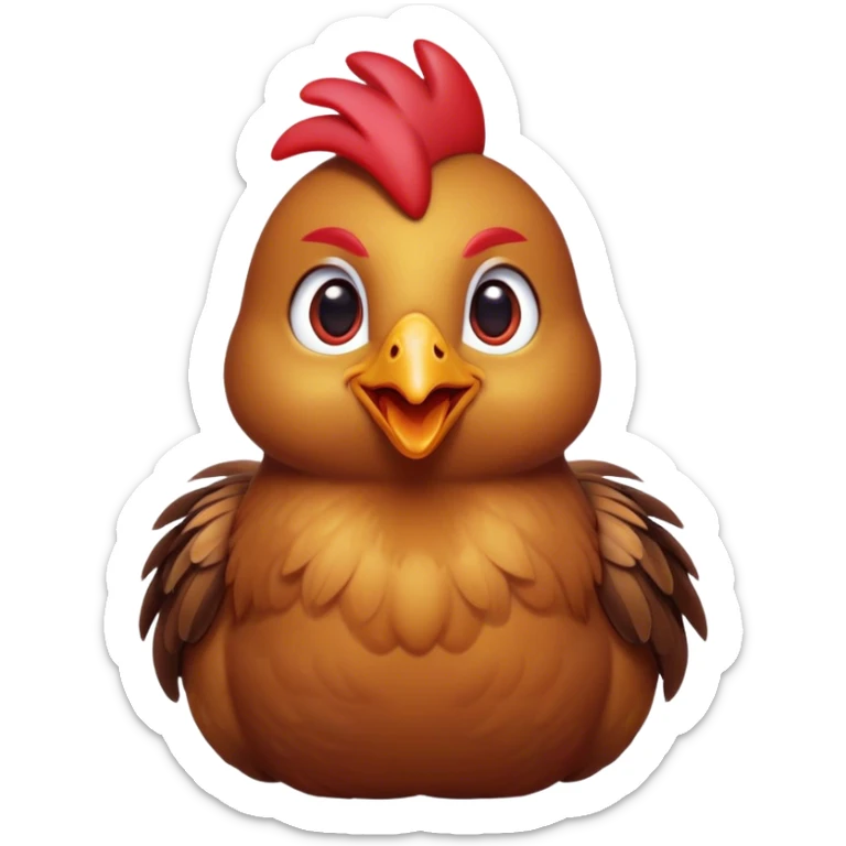 Cinematic Cute Brown Chicken Portrait Emoji, Head tilted playfully and inquisitively, featuring a lustrous brown feathered coat with a natural sheen and a subtle red comb, round, sparkling beady eyes filled with curiosity, Simplified yet irresistibly adorable features, highly detailed, glowing with a warm, friendly glow, high shine, affectionate and lively, stylized with a touch of country charm, bright and endearing, soft glowing outline, capturing the essence of a mischievous yet loving chicken, so playful it feels like it could peck out of the screen and into your arms! sticker