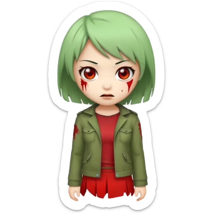 chibi Asian zombie girl emoji, short Ada Wong bob haircut, green skin, red pupils, shy smile sticker