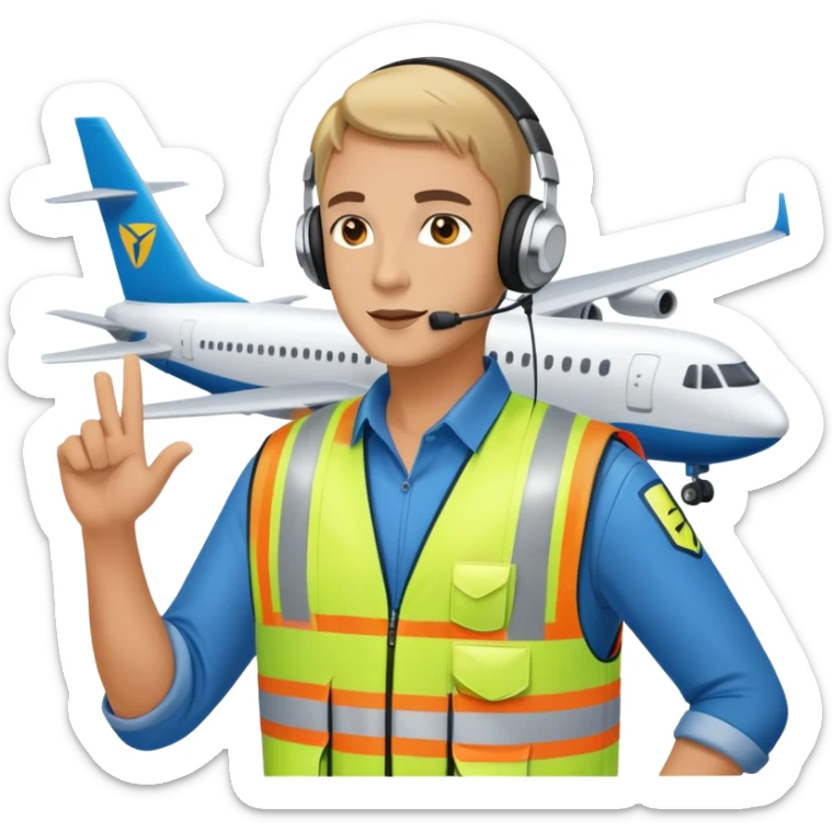 ramp agent at airport wearing reflective vest and headphones, directing aircraft sticker