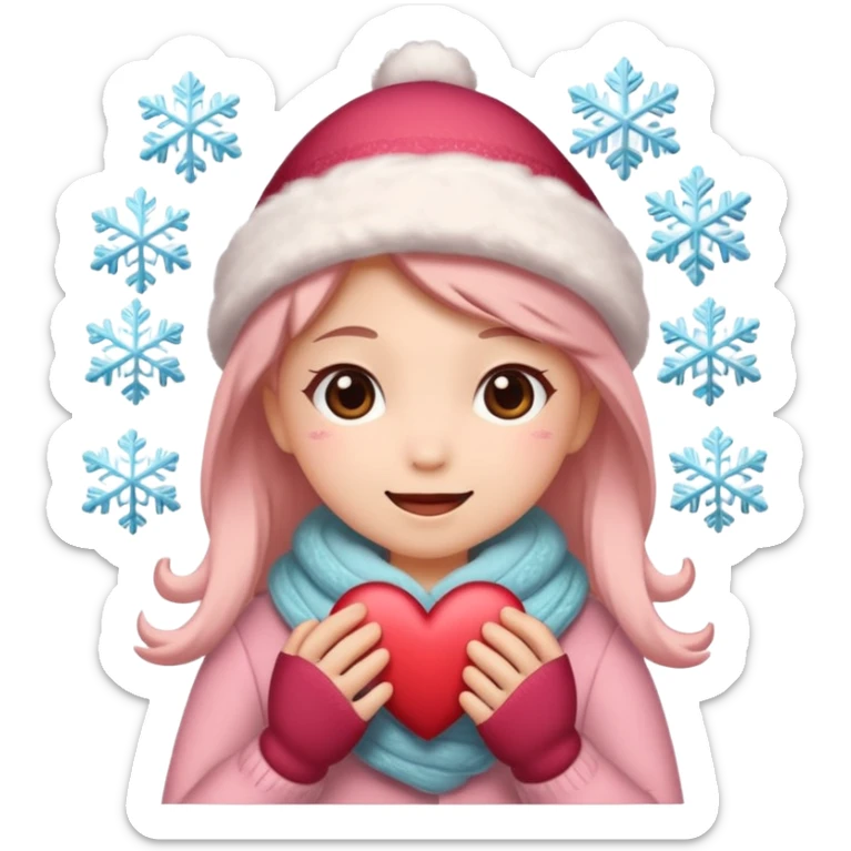 A kawaii Christmas emoji sticker, cozy winter vibes, soft colors, snowflakes, heart symbols, warm smile, cute and gentle style, festive and romantic.
 sticker