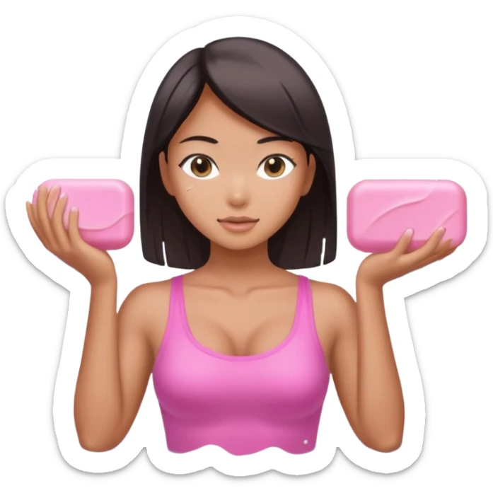 sexy and muscled tanned asian girl, washing room with pink soap sticker