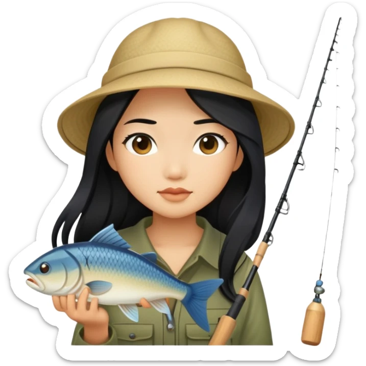 asian girl with long black hair fishing sticker