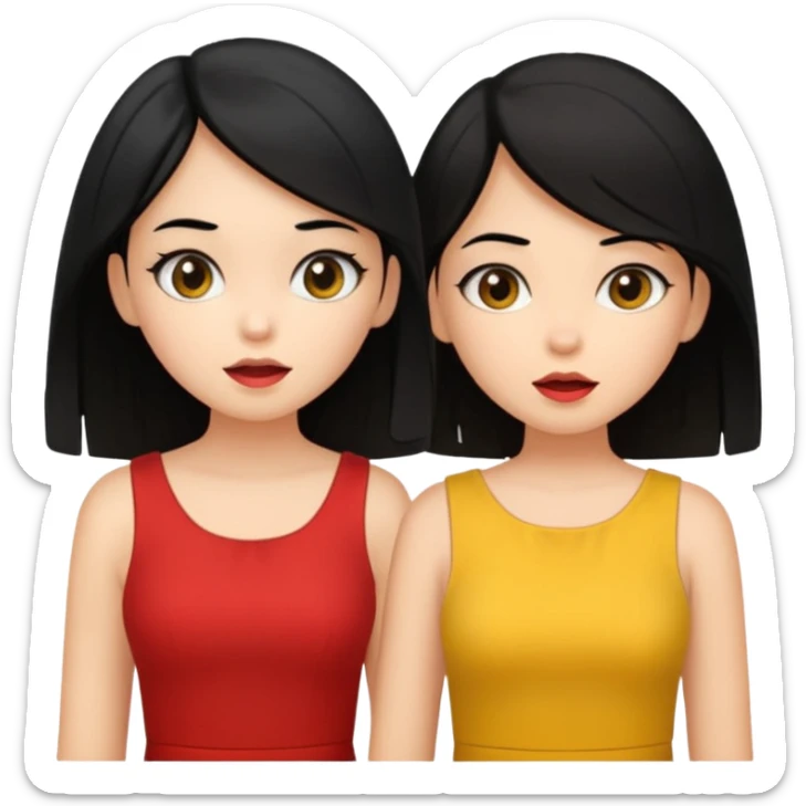2 girls gossiping secretly. both are fair and have black hair. One has short hair and is tan, one has long hair and is fair. One is wearing yellow, one is wearing red sticker