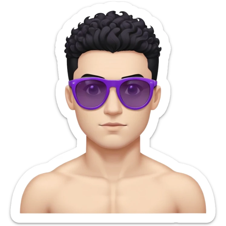 shirtless male athlete with white skin and moderately curly black hair on top with shaved sides, wearing purple sunglasses with black tinted lenses sticker