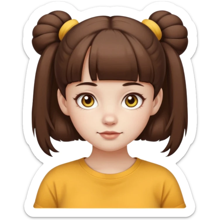 beautiful girl with brown hair with up twin buns style only, straight bangs, yellow eyes, milk brown tshirt, white skin, her body is a little fat  sticker