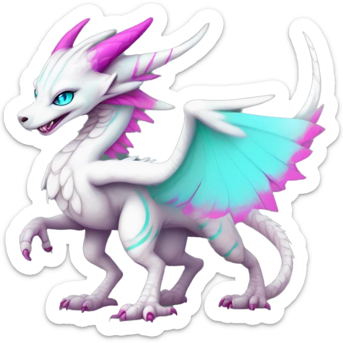 White elegant beautiful natural cute badass epic anthro modern albino Dutch Angel Dragon-vernid-Fakémon with cyan mane and magenta eyes with cyan edgy stripes, anthropomorphic, two-legged, digitigrade, full body sticker