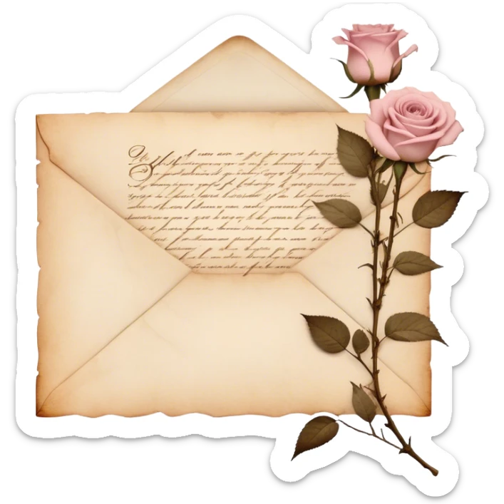 An antique handwritten letter with dried light pink roses and a golden wax seal, vintage aesthetic. sticker