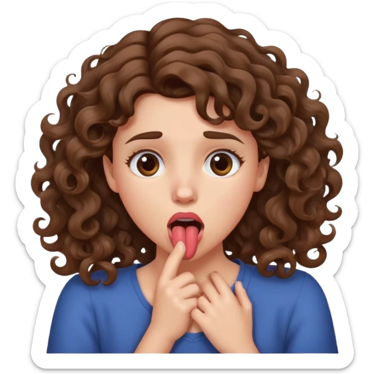 girl clutching her neck as she sticks out her tongue, she looks annoyed but amused. she has curly/wavy brown hair  sticker
