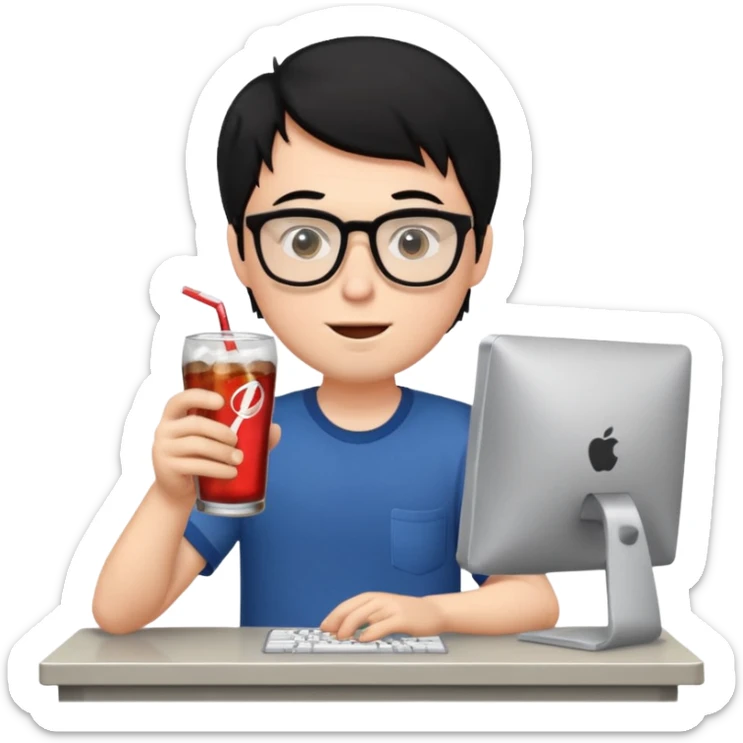 Hombre blanco con gafas, pelo negro tomando un refresco frente a un ordenador con ropa de sport sticker