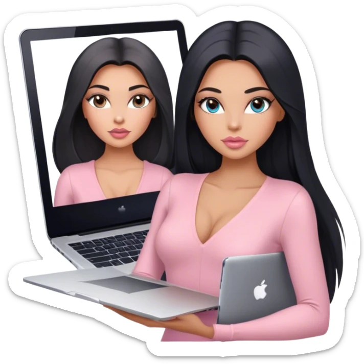 Glamours, tanned, very beautiful girl, with big pump peach-beige-rose lips, long lashes, black straight smooth silky long hair, straight parting hair, blue-grey eyes, in light-pink v-neck bodysuit holding MacBook sticker