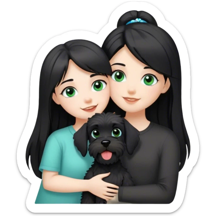 pale girl with light green blue eyes and long black hair wearing black shirt kissing schnauzer holding smiling black schnauzer  sticker
