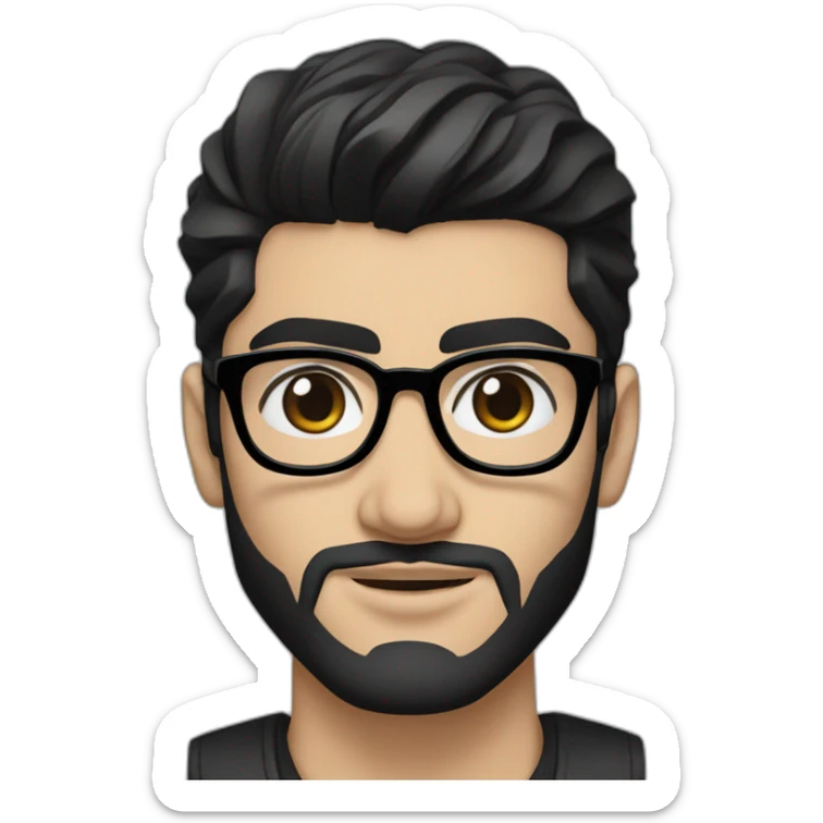 Create a detailed portrait of Zayn Malik with his striking black beard, sleek black glasses, and his dark, mesmerizing black hair and eyes sticker