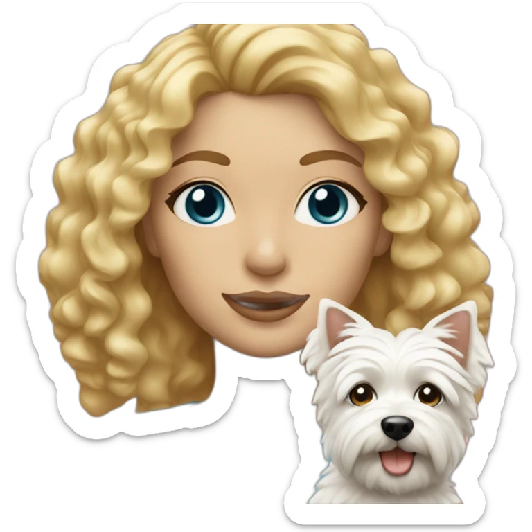 Blond woman with curly hair, blue eyes and her westie dog  sticker