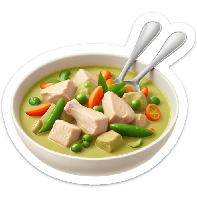 Green Chicken Curry Cinematic Realistic Green Chicken Curry Dish Emoji, depicted as tender chicken chunks simmered in a fragrant green curry sauce with vegetables, rendered with vivid textures and dynamic, vibrant lighting. sticker