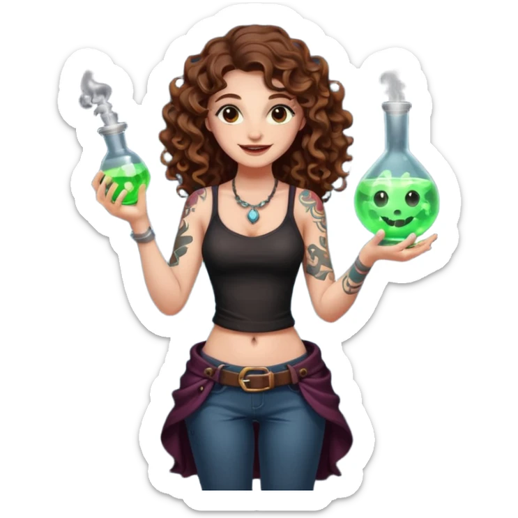 full body view of a woman with long curly brown hair, brown eyes, white skin, tattoos, holding a glowing potion flask at hip level, playful dangerous smile sticker