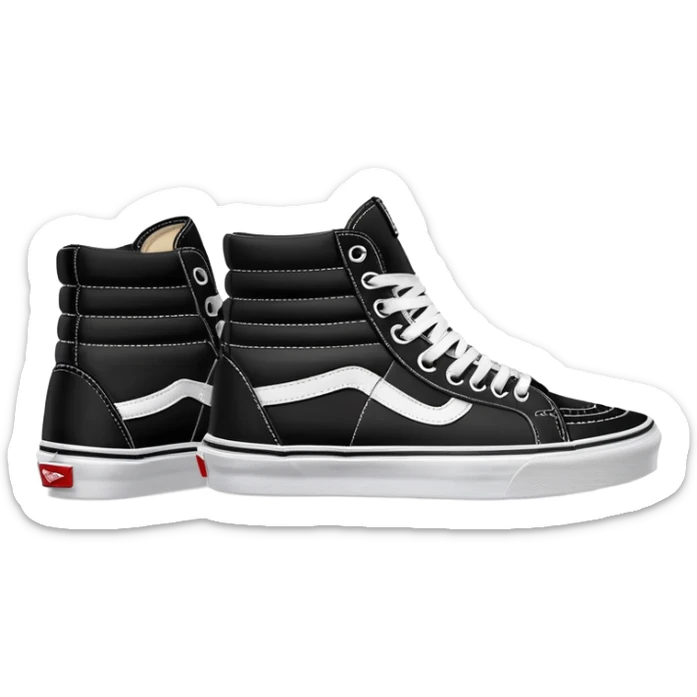 A pair of black Vans Sk8-Hi sneakers arranged with one shoe positioned behind the other, high-top skate shoes with white side stripe and waffle soles sticker