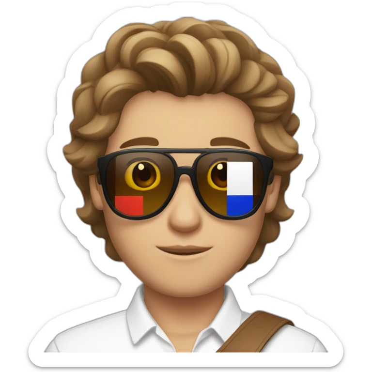 A young fit man with a white shirt and sunglasses on his hair with brown hair and a French flag in his hand sticker