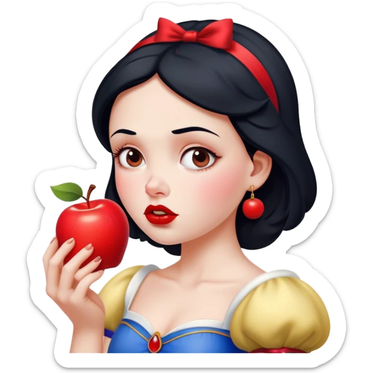 Cinematic Funny Snow White Portrait Emoji, Holding an apple with a suspicious expression, one eyebrow raised, lips pursed as if questioning her life choices, a hilariously relatable fairy tale moment! sticker