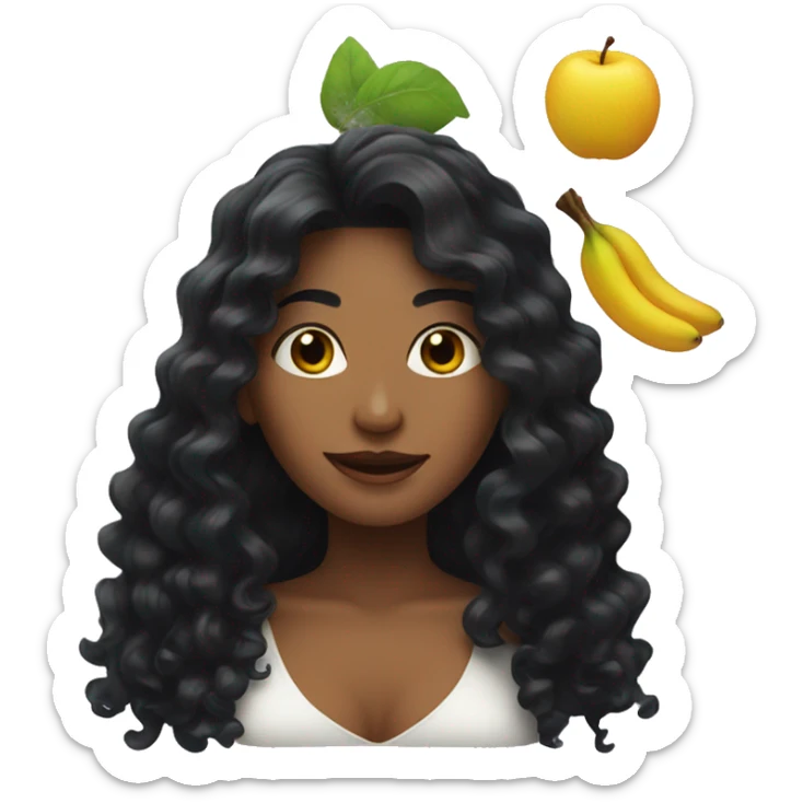 woman with long black curly hair holding fruits sticker