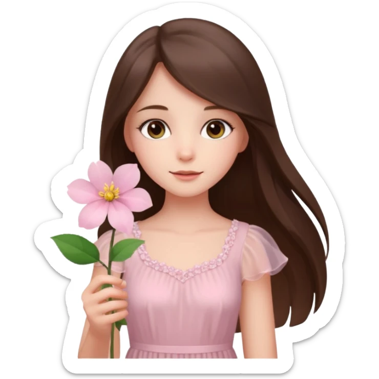white brunette girl long hair with hazel eyes in light pink dress holding a flower sticker