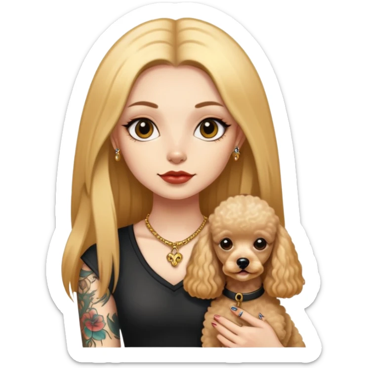 a  girl with glod  straight long hair and tattoos and (two) miniature poodles sticker