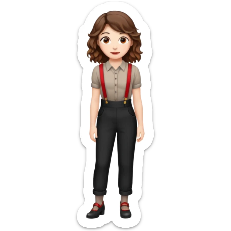 Woman with wavy brown hair and hazel eyes wearing black dress pants with red suspenders sticker