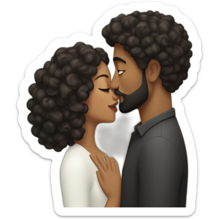 Brown man with a smooth black hair cut fade and a black beard kissing a White woman with long brown curly hair sticker