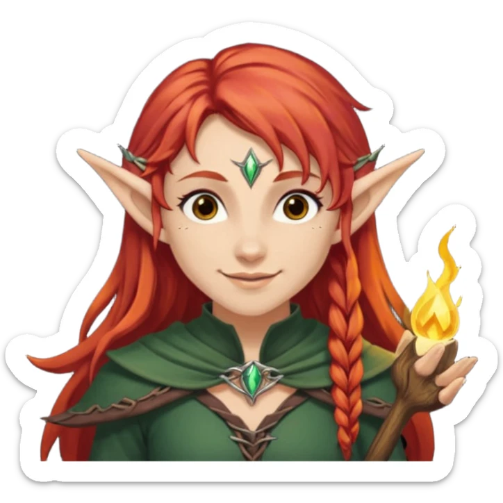 Bruxa meio elfa, ruivo forte (acobreado puxado pro castanho escuro) olhos escuros, e sorrindo 🧝🏻‍♀️ nesaa pegada desse emoji ai, e branca não muito branca tbm sticker