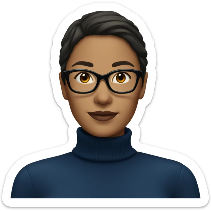 Woman with dark brown hair and glasses wearing a dark blue turtleneck  sticker