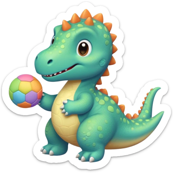 a cute dinosaur holding a sensory toy, with a soft color palette and a gentle smile sticker