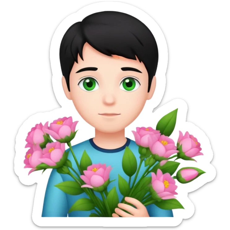 Boy with fair skin and black hair and green eyes with bouquet of pink flowers sticker
