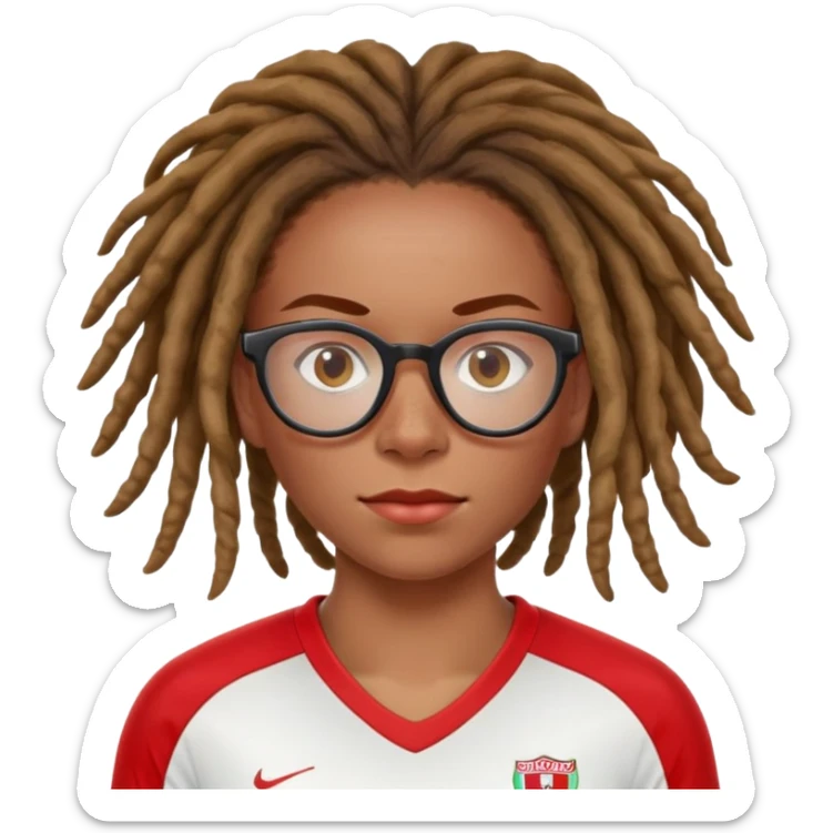 Rihanna freckles on nose and soccer woman dreadlocks Caribbean wearing a red and white jersey and cateye eyeglasses sticker