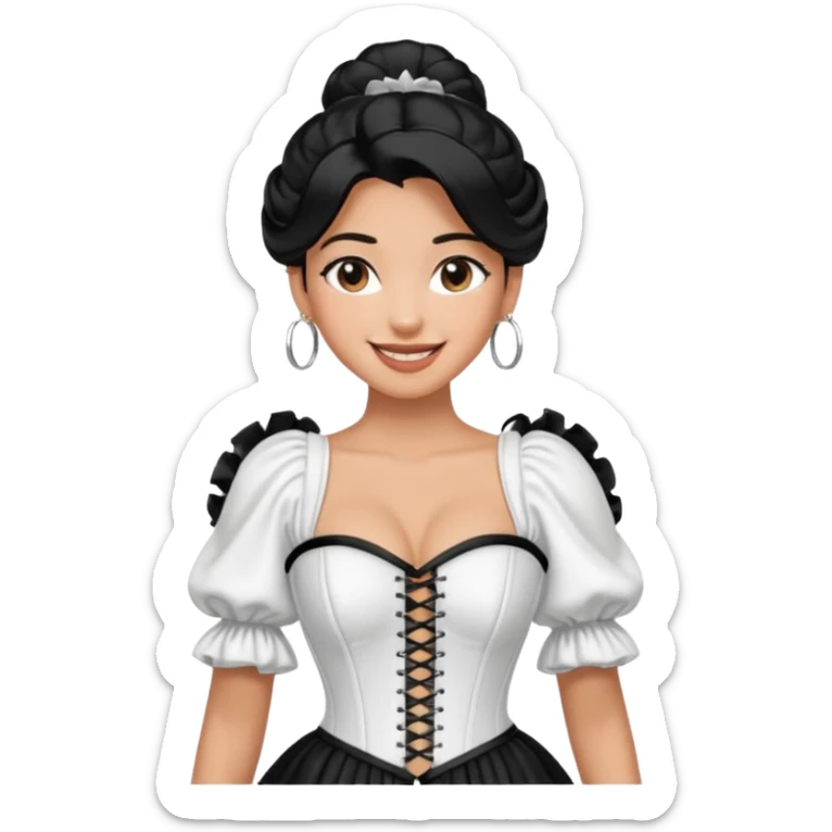 generate a pretty bratz emoji that looks like Kareena Kapoor's Geet character. 
Make her wear a puff sleeve off shoulder white top with a black corset over it. silver hoops, black hair open with middle part. smiling big

She should look like Kareena Kapoor sticker