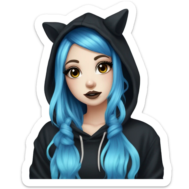 hime gyaru girl, tattoos, pale skin with black and electric blue hair, dark makeup, black hoodie sticker