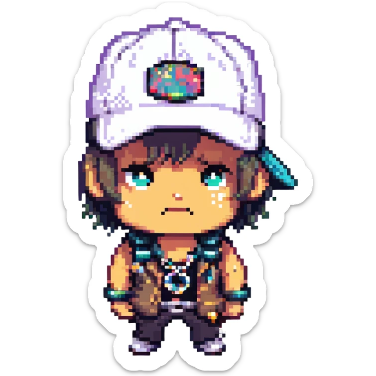 gangsta character, pixel art style, sideways cap, bling, tough expression sticker