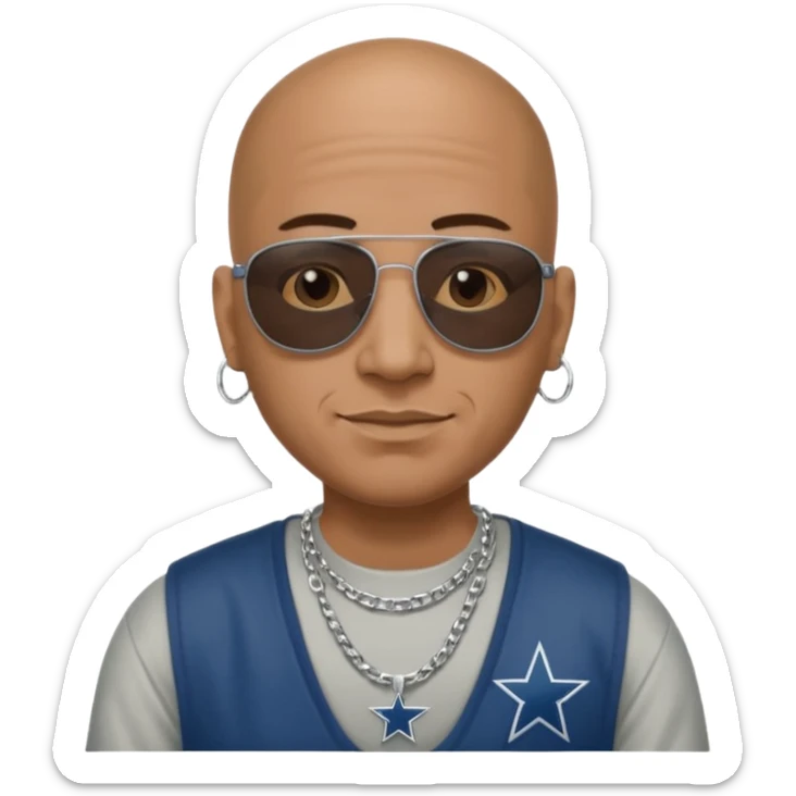 bald mexican cholo with square black sunglasses no facial hair with cheek dimples wearing a silver necklace with H on it and wearing cowboys jersey sticker