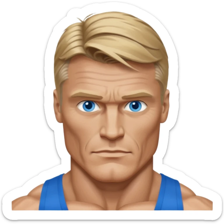 Dolph Lundgren with blue eyes, dark blonde hair, muscle body sticker