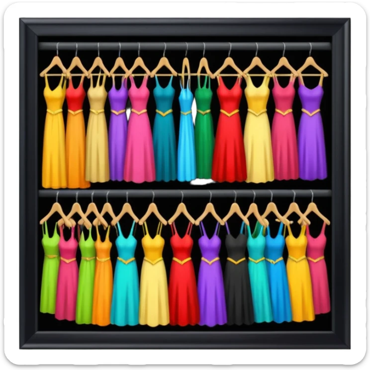 create a series of images for Theatre costumes Inventory showing a rack of costumes ready for performance sticker