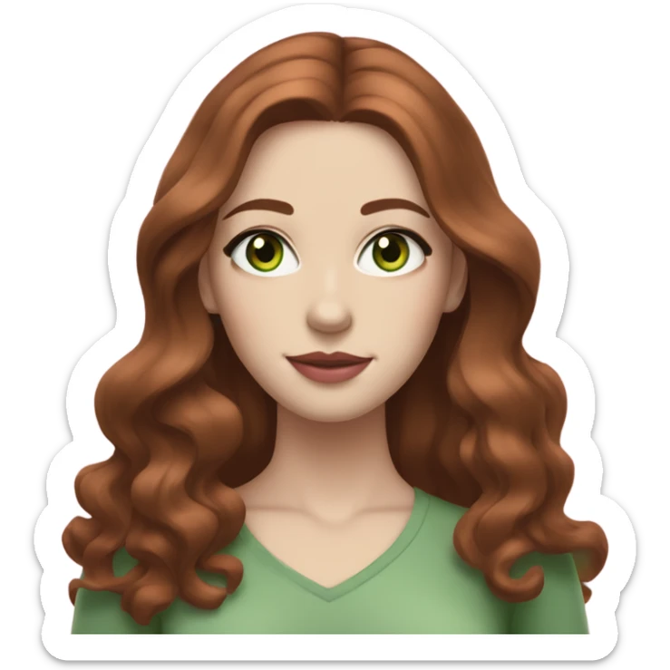 woman with pale skin and green eyes and long wavy brown-auburn hair with a middle part and soft pink lips sticker