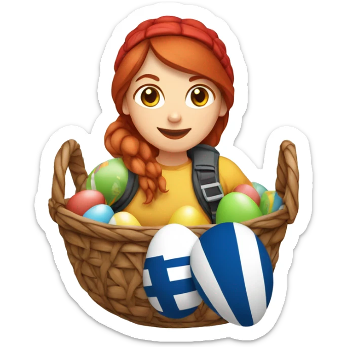 Greek Female winter mountaineer red hair white skin climbing with Greek Flag and Easter eggs basket sticker