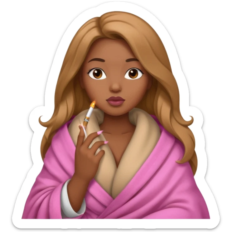 Curvy, light brown long hair, pretty black girl light pink lipgloss smoking wrapped in blanket sticker